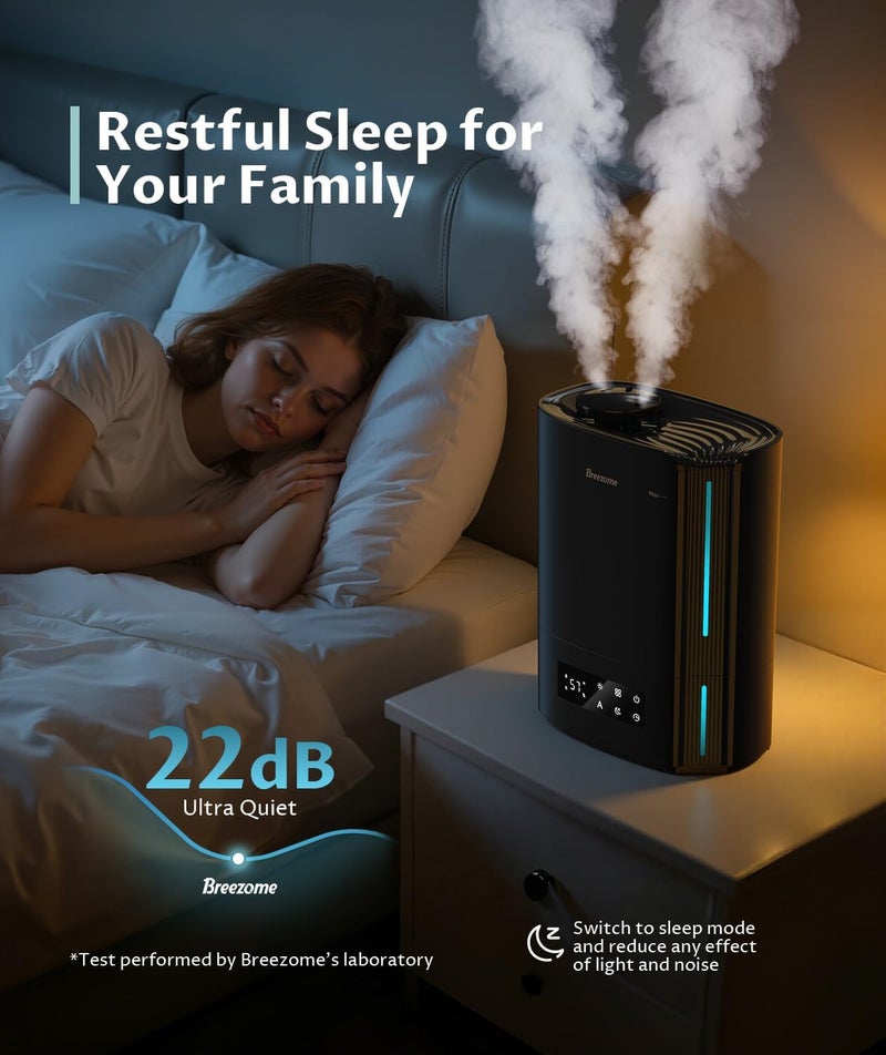 BREEZOME مرطبات 6 لتر لغرفة النوم والغرف الكبيرة وناشر الزيوت الأساسية، مرطبات بالموجات فوق الصوتية تعبئة علوية برذاذ بارد للأطفال والنباتات والحضانة تدوم حتى 60 ساعة، تحكم ذكي في مستوى الرطوبة، هادئ، أسود - Image 4